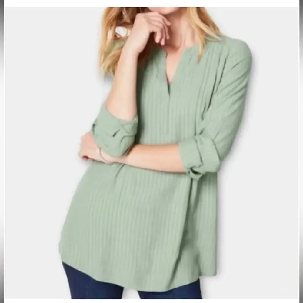 J. Jill Sage Green Pleated Pintuck Popover Long Sleeve Tunic Top Size MP